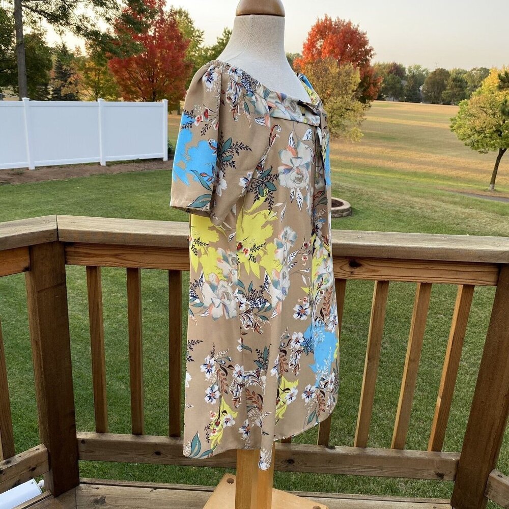 Nicole Miller Studio Floral Shift Dress 12 Taupe Multi Off Shoulder Ties Career - Picture 2 of 12